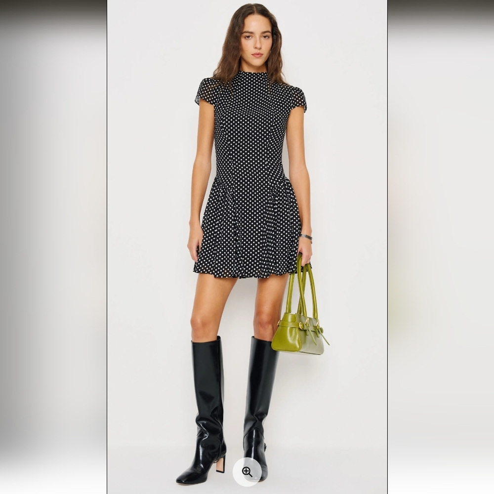 REFORMATION. Black Polka Dot Short Dress - Classic Fit Maven Dress